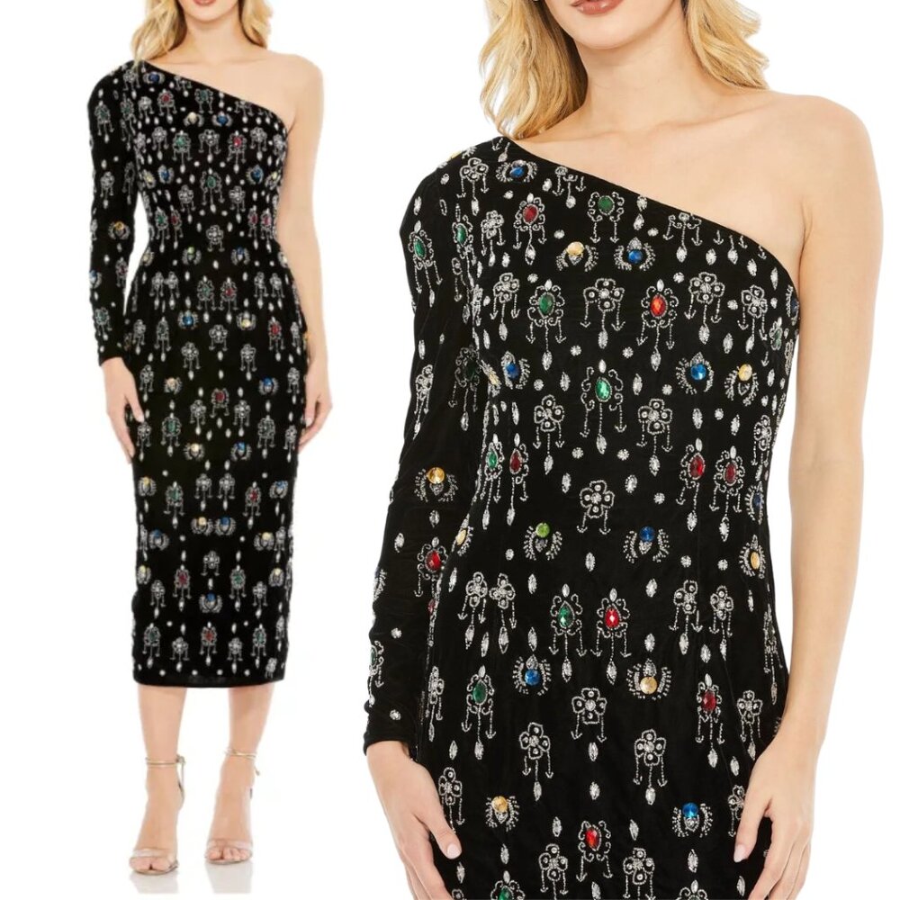 Mac Duggal 93810 Size 2 Black Velvet Jeweled‎ Gem One Shoulder Column Midi Dress